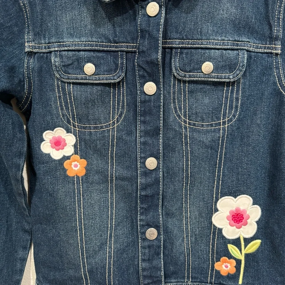 Kids Gymboree Girls Dark Wash Blue Floral Embroidered Denim Jean Jacket Size 10